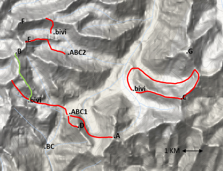 Fig 1. A map showing the locations of the summits attempted as well as basecamps and bivouacs. G shows Koh-E-Brobar which we did not summit, F shows Unnamed peak 3 which we also failed to summit. Shimshal lies to the south.