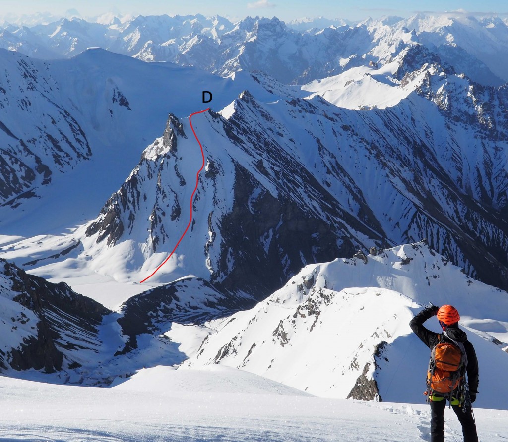 Fig 5. Unnamed peak 2 is shown at (D). The successful route is shown in red.