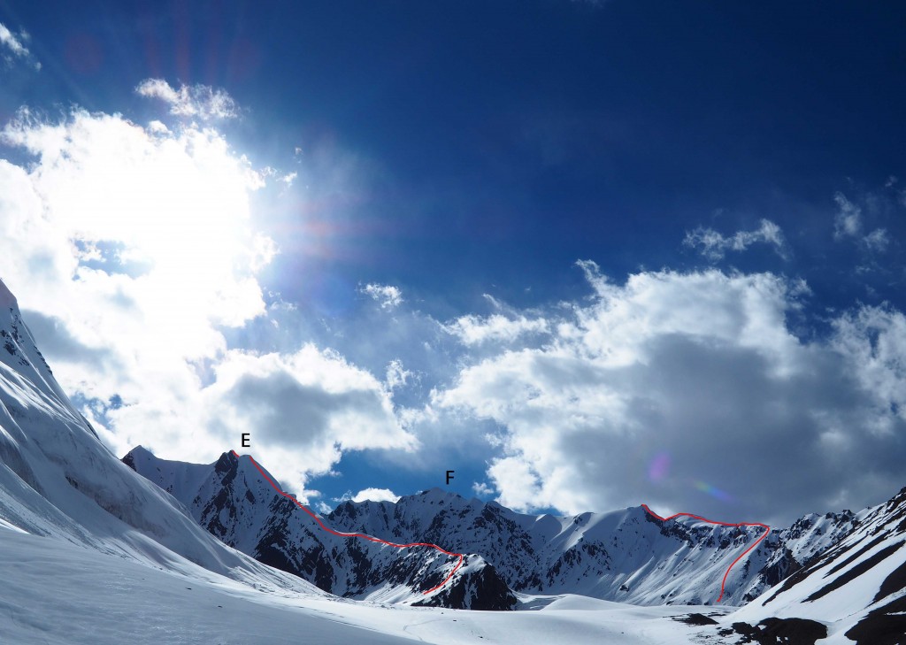 Fig 6. Arman Sar is marked with (E) on the left, while Unnamed Peak 3 is shown on the right at (F), estimated to be just over 6000m.